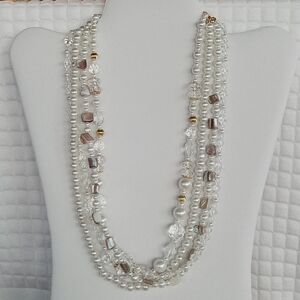 Premier Designs Faux Pearl Necklace Multi Strand Crystal Beads Goldtone New
